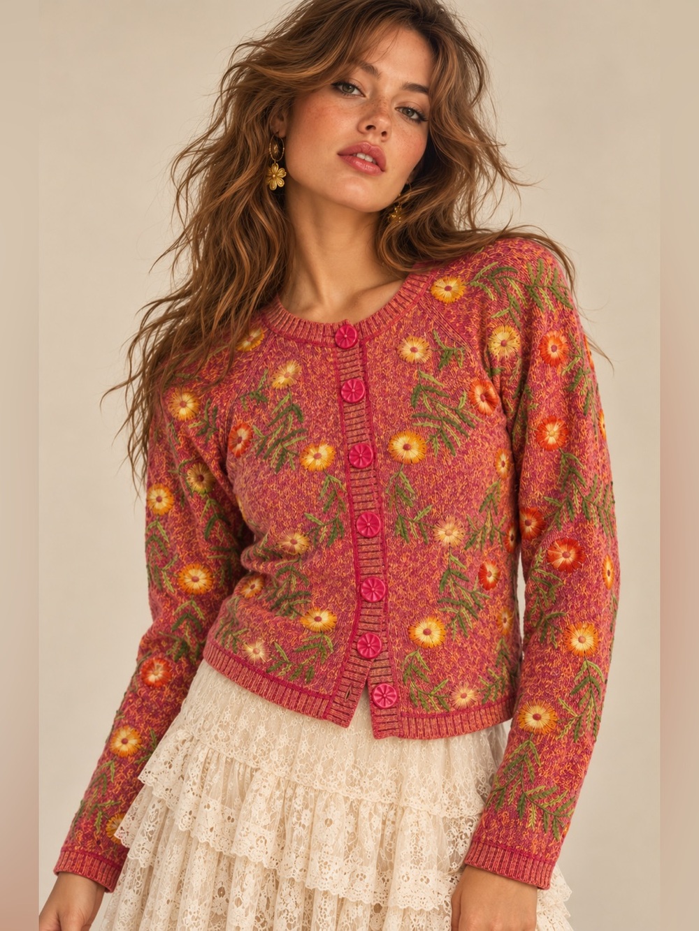 Vintage Susan Bristol Floral Embroidered Cropped Cardigan Pink Cottagecore Y2K S